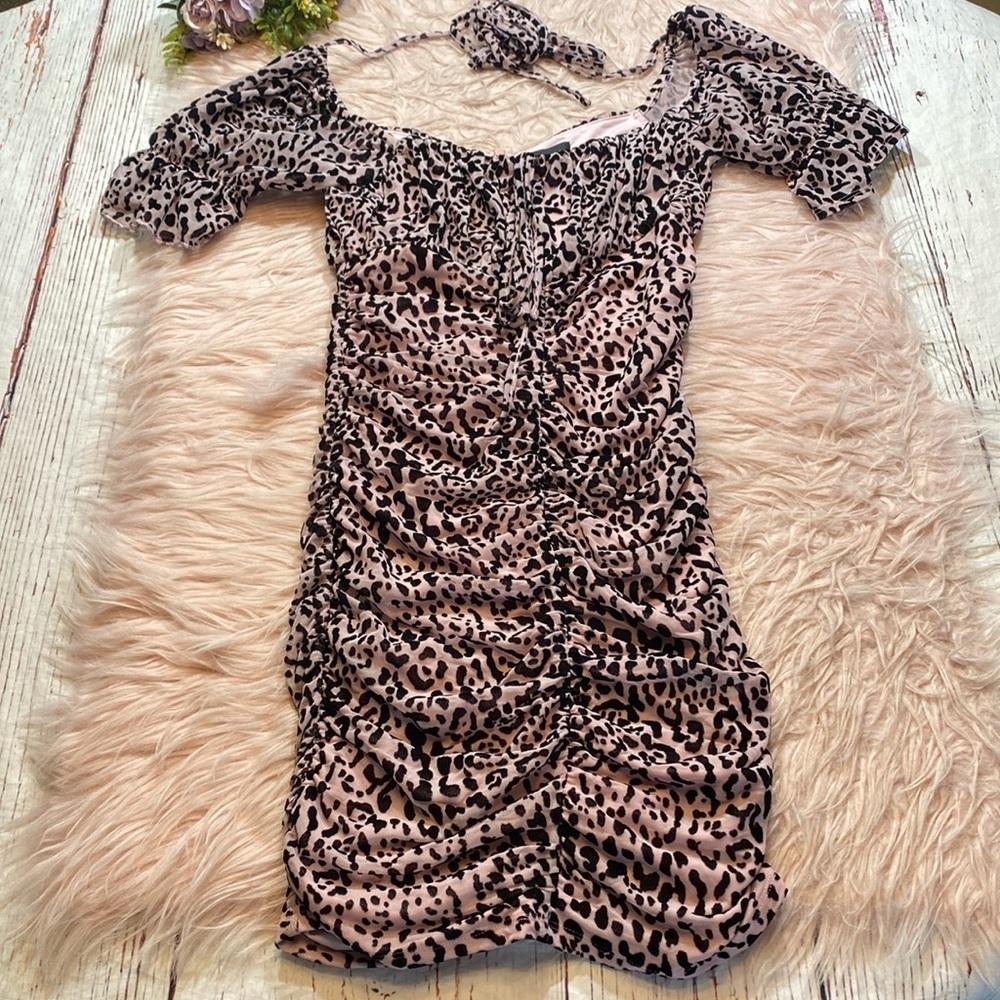 Majorelle Pink Black Leopard Print Ruched Mini Dress sz S